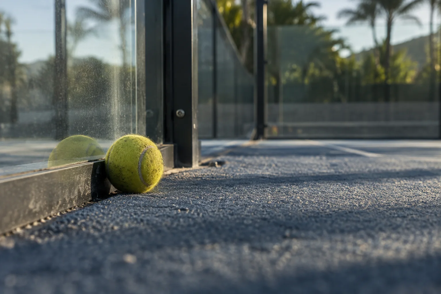 Padel ball near glass wall
